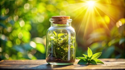 A clear glass container holds shivambu, illuminated by sunlight with a lush green backdrop, reflecting the essence of