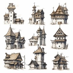 Fototapeta premium Set of hand drawn house and castle.