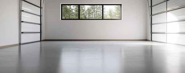 Bright, spacious garage interior with a polished floor and large windows, ideal for storage or workshop use.