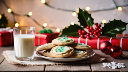 Festive holiday treats with milk and gifts on a wooden table