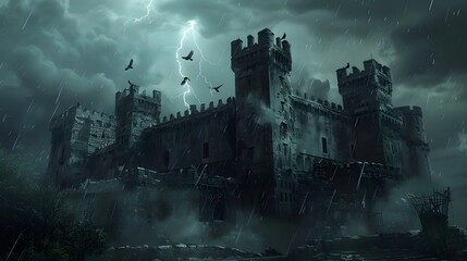 Illuminated by lightning, a gothic castle stands ominously under a stormy sky with circling crows