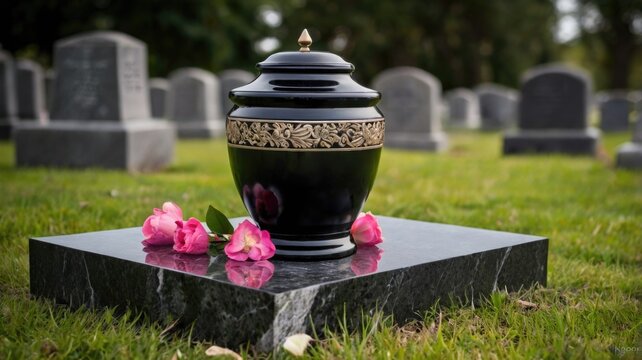 A black urn surrounded by flowers in a serene cemetery during daylight
