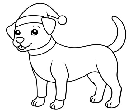 recommend clip art: coloring page for kids, bold line art, Christmas dog with a Santa clue hat line art