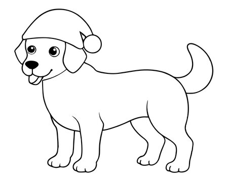 recommend clip art: coloring page for kids, bold line art, Christmas dog with a Santa clue hat line art