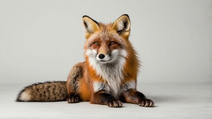 Obraz premium A close-up of a curious red fox with striking fur, looking alert and attentive against a soft neutral background in a natural setting