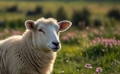 Obraz premium A sheep grazes peacefully in a vibrant flower-filled meadow during the golden hour of a sunny day in the countryside