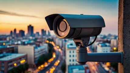Surveillance Night Camera Overlooking City Street at Dusk. Urban Security Concept