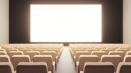 AI illustration of a theater with rows of cream-colored seats and a blank white screen. No people, no logos.