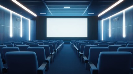 Fototapeta premium AI-generated cinema with rows of comfortable blue chairs and a blank white screen. No people, no logos.
