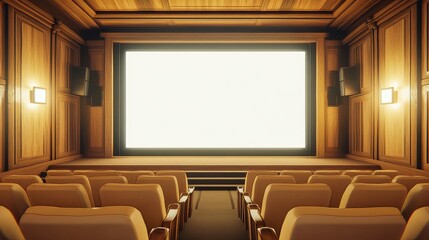 Fototapeta premium AI-generated cinema with wooden walls, beige seats, and a blank white screen. No people, no logos.