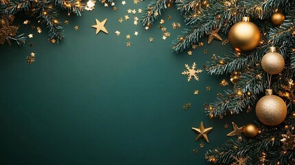 joyful christmas decorations, gold ornaments, and confetti on a bright green holiday background