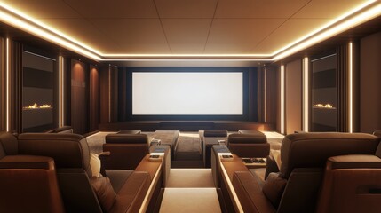 AI-generated design of a luxury movie theater with brown leather seats and a large white screen. No people, no logos.