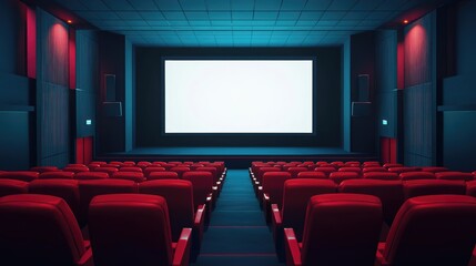 Obraz premium AI-generated illustration of a modern movie theater with red seats and a blank white mockup screen. No people, no logos.