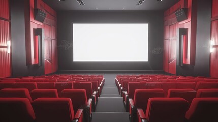 Fototapeta premium AI-generated illustration of a modern movie theater with red seats and a blank white mockup screen. No people, no logos.