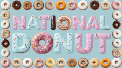 National Donut Day banner featuring a variety of donuts with a donut as the 'O' in National