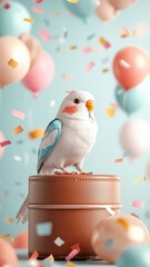 A Budgerigar on a leather podium, surrounded by colorful confetti and festive balloons.