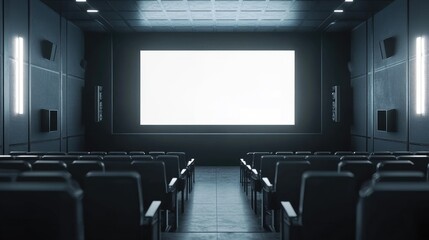 AI-generated modern cinema interior with metallic accents, gray seats, and a blank white screen. No people, no logos.