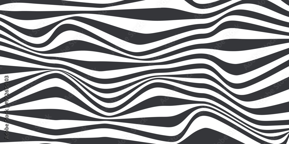 Fototapete Abstract horizontal background with dynamic waves. Trendy vector illustration in style retro 60s, 70s. White and black colors	