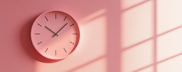 Stylish pink clock on a soft pink wall, casting shadows and adding a modern touch to any home decor.