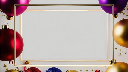 Christmas design with a gold frame and festive baubles on a light gray background, perfect for creating holiday invitations or event decorations.