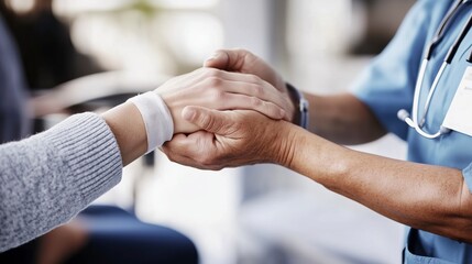 Doctor Holding Patient’s Hand: Compassionate Healthcare Professional Comforting Patient with Hands Clasped in Support and Care for Medical, Emphasizing Patient Well-being, Doctor-Patient Relationships