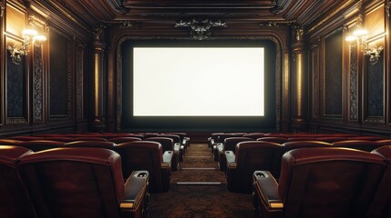 Classic cinema hall with maroon seats, wooden walls, and a blank white screen. AI-generated, no people, no logos.