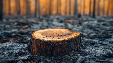 burnt tree stump stands solemnly in a charred forest, symbolizing resilience and the cycle of life. Nature's destruction gives way to renewal, highlighting hope amidst devastation