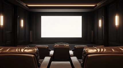 Elegant movie theater with leather recliner seats and a blank white screen. AI-generated, no people, no logos.