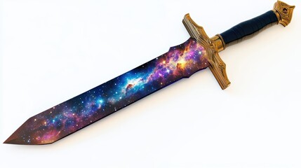 A vibrant, cosmic sword featuring a galaxy design on the blade, perfect for fantasy art or science fiction themes.