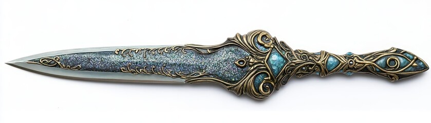 Fototapeta premium An ornate knife featuring intricate designs and turquoise accents, perfect for collectors and themed decor.