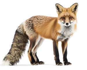 Fototapeta premium A stunning red fox with its bushy tail and sharp eyes standing alert against a white background highlighting its vibrant fur