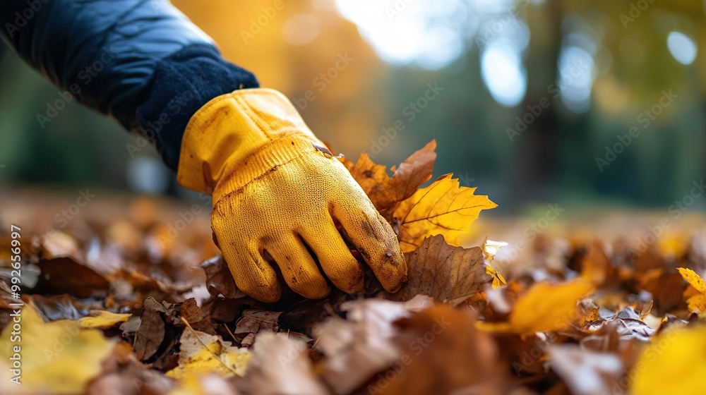 Wall mural hand in yellow gloves picking up autumn leaves