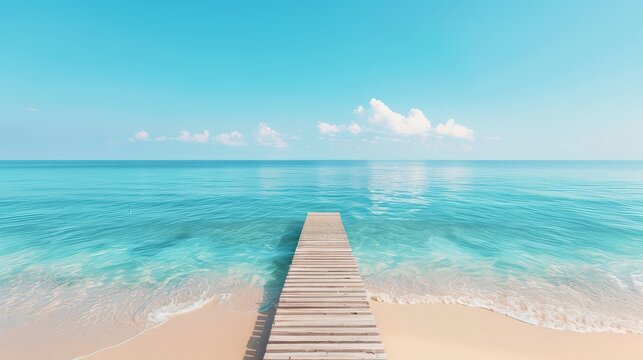 Beach with a pier extending into the sea, calm waters, clear sky