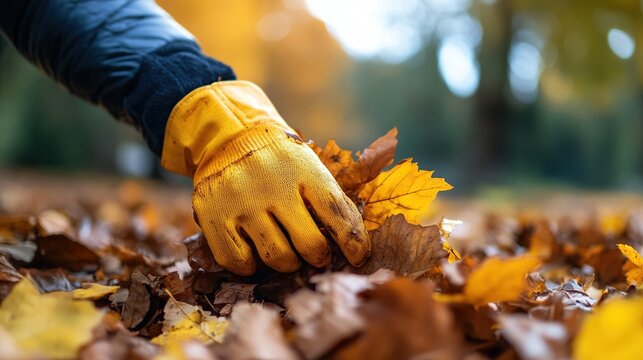 Hand in Yellow Gloves Picking Up Autumn Leaves