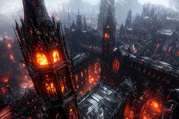 Fototapeta premium Gothic ruins with glowing embers, dark atmosphere, and dramatic lighting.