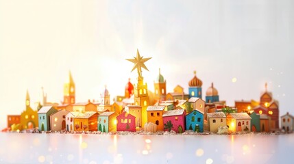 A whimsical depiction of the Star of Bethlehem shining brightly over a miniature colorful Bethlehem