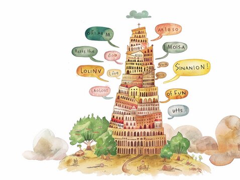 An illustration of the Tower of Babel reaching up from the earth
