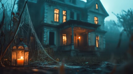 Obraz premium Creepy, abandoned mansion with cobwebs and flickering candlelight, setting the scene for a chilling Halloween tale