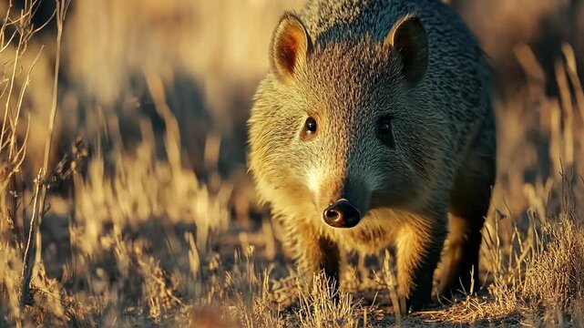 A paca walks through the tall grass in the golden light of sunset