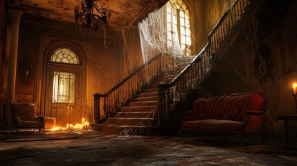 Fototapeta premium Creepy, abandoned mansion with cobwebs and flickering candlelight, setting the scene for a chilling Halloween tale