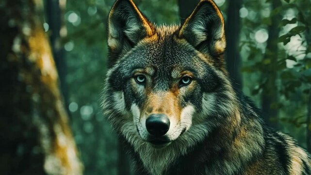 A wolf stares intently into the camera, its blue eyes piercing through the green foliage