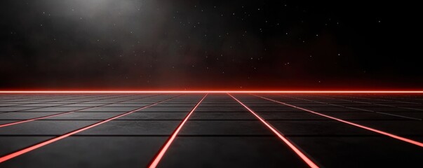Futuristic landscape with glowing red lines on a dark surface, creating a sci-fi atmosphere and depth for various creative projects.