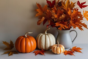 Autumn Decor Ideas Featuring Vibrant Orange Pumpkins and Warm Leaves on a Neutral Background