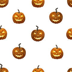 Orange autumn pumpkins pattern. Watercolor illustration hand drawn seamless pattern.