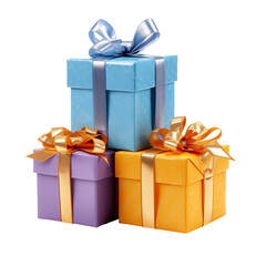 Stack Of Three Colorful Gift Boxes With Satin Ribbons On White Background