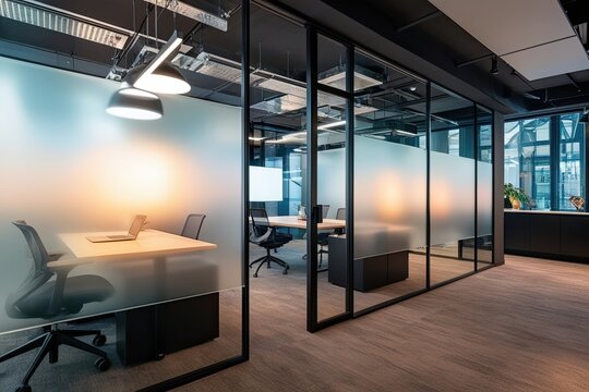 Modern Workspace Design Featuring Hazy Glass Panels and Artistic Lighting