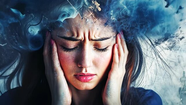 A woman with a distressed expression holds her head, surrounded by abstract blue smoke