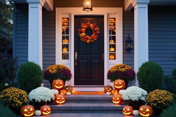 Obraz premium Charming Halloween Decorations with Glowing Jack o Lanterns and Floral Arrangements for Outdoor Front Door Display