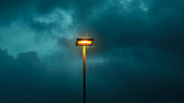 A single streetlight shines brightly against a backdrop of dark clouds