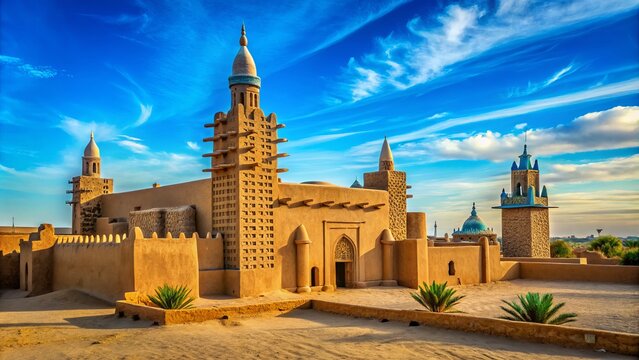 Beneath a brilliant blue sky, the Djinguereber Mosque in Timbuktu reveals its majestic ancient architecture,